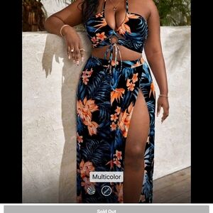 SHEIN Black Tropical Floral Cutout Bikini Set with Orange & Blue Flowers